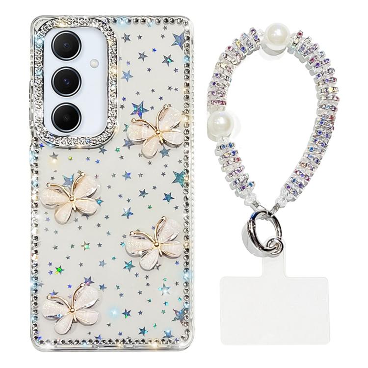 Custodia per telefono antiurto a quattro angoli con catena da mano a farfalla 3D con strass glitterati., For Samsung Galaxy A16 5G, For Samsung Galaxy S24 FE 5G, For Samsung Galaxy A15 5G, For Samsung Galaxy A55 5G