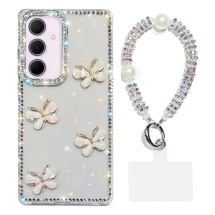 Custodia per telefono antiurto a quattro angoli con catena da mano a farfalla 3D con strass glitterati., For Samsung Galaxy A35 5G, For Samsung Galaxy S24 Ultra 5G, For Samsung Galaxy S24+ 5G, For Samsung Galaxy S24 5G
