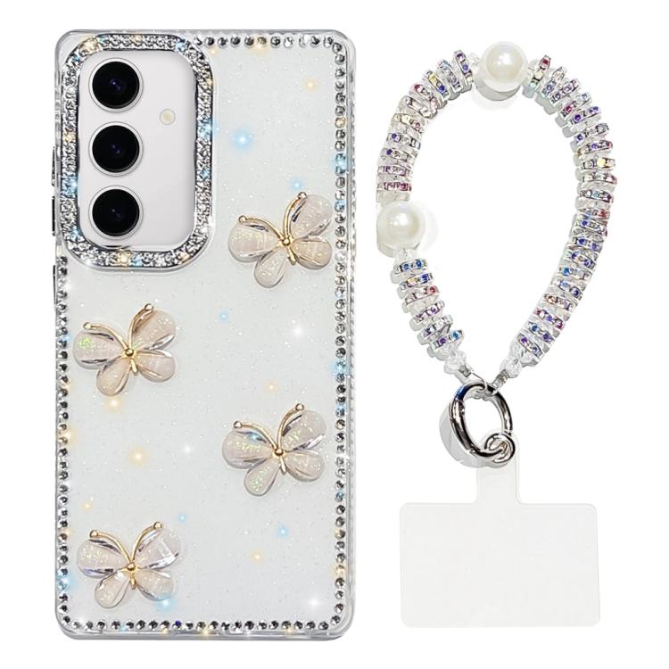 Custodia per telefono antiurto a quattro angoli con catena da mano a farfalla 3D con strass glitterati., For Samsung Galaxy A35 5G, For Samsung Galaxy S24 Ultra 5G, For Samsung Galaxy S24+ 5G, For Samsung Galaxy S24 5G