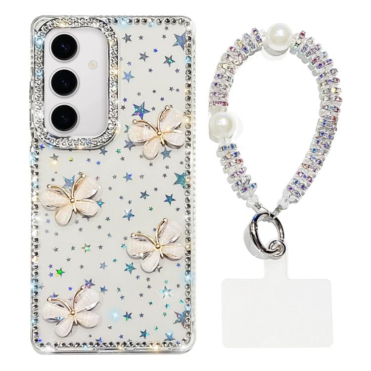 Custodia per telefono antiurto a quattro angoli con catena da mano a farfalla 3D con strass glitterati., For Samsung Galaxy A35 5G, For Samsung Galaxy S24 Ultra 5G, For Samsung Galaxy S24+ 5G, For Samsung Galaxy S24 5G