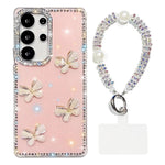 Custodia per telefono antiurto a quattro angoli con catena da mano a farfalla 3D con strass glitterati., For Samsung Galaxy S23 Ultra 5G