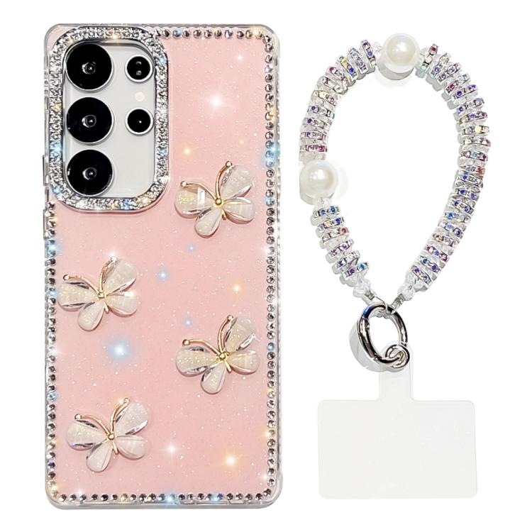 Custodia per telefono antiurto a quattro angoli con catena da mano a farfalla 3D con strass glitterati., For Samsung Galaxy S23 Ultra 5G