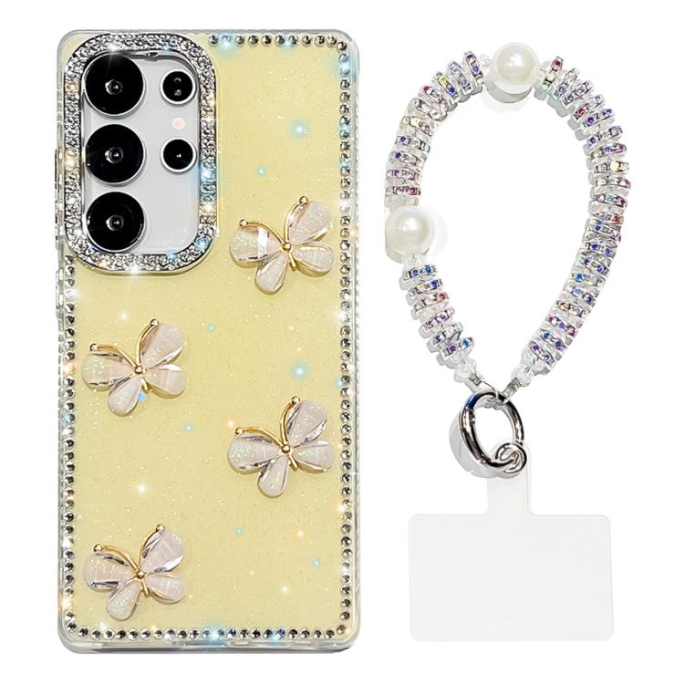 Custodia per telefono antiurto a quattro angoli con catena da mano a farfalla 3D con strass glitterati., For Samsung Galaxy S23 Ultra 5G