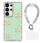 Custodia per telefono antiurto a quattro angoli con catena da mano a farfalla 3D con strass glitterati., For Samsung Galaxy S23 Ultra 5G