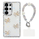 Custodia per telefono antiurto a quattro angoli con catena da mano a farfalla 3D con strass glitterati., For Samsung Galaxy S23 Ultra 5G