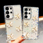 Custodia per telefono antiurto a quattro angoli con catena da mano a farfalla 3D con strass glitterati., For Samsung Galaxy A16 5G, For Samsung Galaxy S24 FE 5G, For Samsung Galaxy A15 5G, For Samsung Galaxy A55 5G