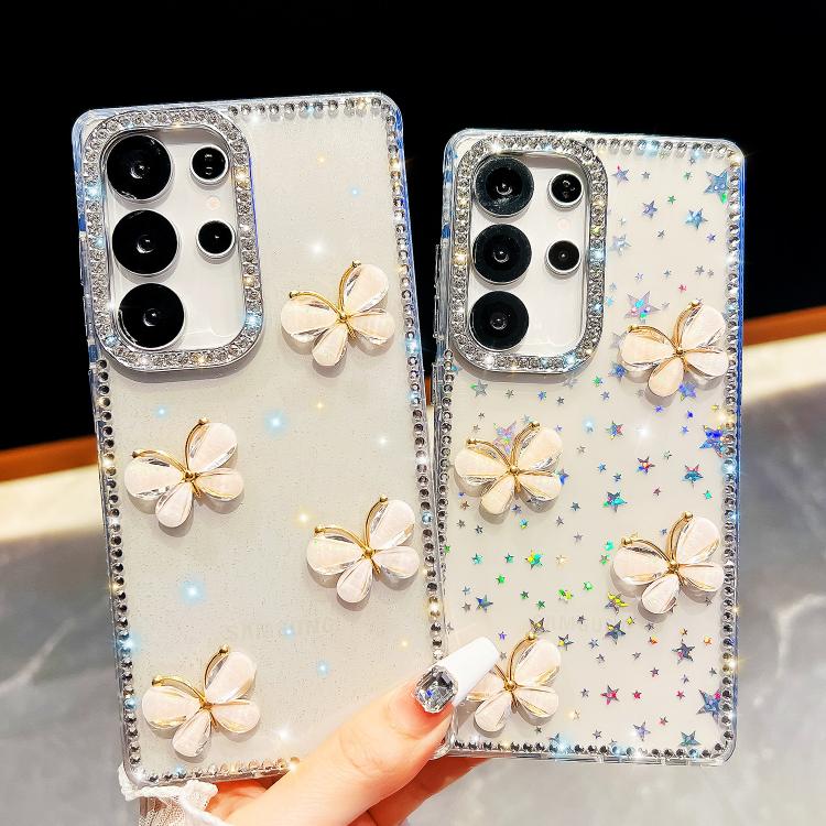 Custodia per telefono antiurto a quattro angoli con catena da mano a farfalla 3D con strass glitterati., For Samsung Galaxy S23 Ultra 5G