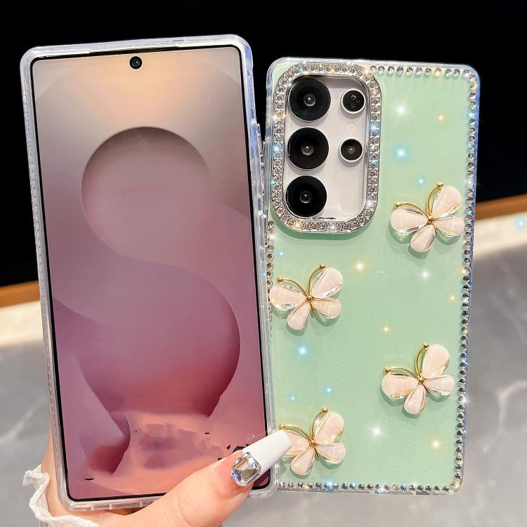 Custodia per telefono antiurto a quattro angoli con catena da mano a farfalla 3D con strass glitterati., For Samsung Galaxy S23 Ultra 5G