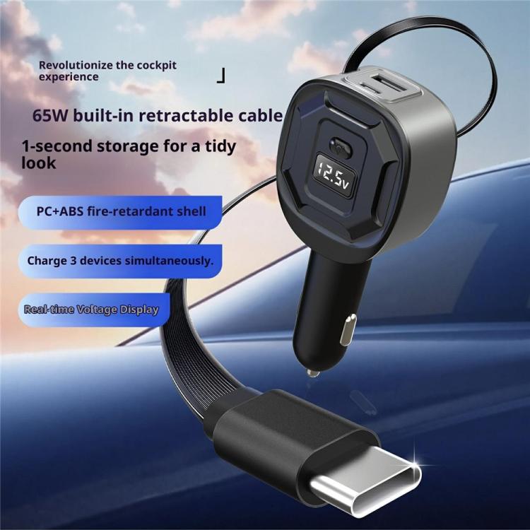 Adattatore di ricarica rapida GE10 PD da 65 W con display di tensione e caricabatterie da auto con cavo retrattile., GE10