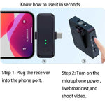 Microfono wireless lavalier 2 in 1 F15 con riduzione intelligente del rumore, compatibile con connettori Type-C e 8 pin.