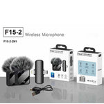 Microfono wireless lavalier 2 in 1 F15 con riduzione intelligente del rumore, compatibile con connettori Type-C e 8 pin.