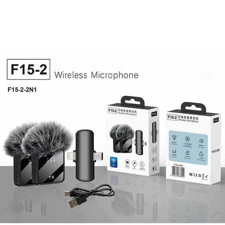 Microfono wireless lavalier 2 in 1 F15 con riduzione intelligente del rumore, compatibile con connettori Type-C e 8 pin.