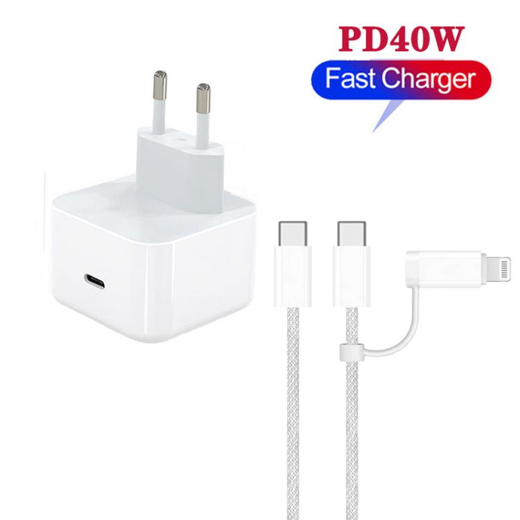 Caricabatterie A3365 PD40W USB-C / Type-C con cavo dati da Type-C a Type-C / 8 pin, spina europea., EU Plug + 1m 2-in-1 Cable