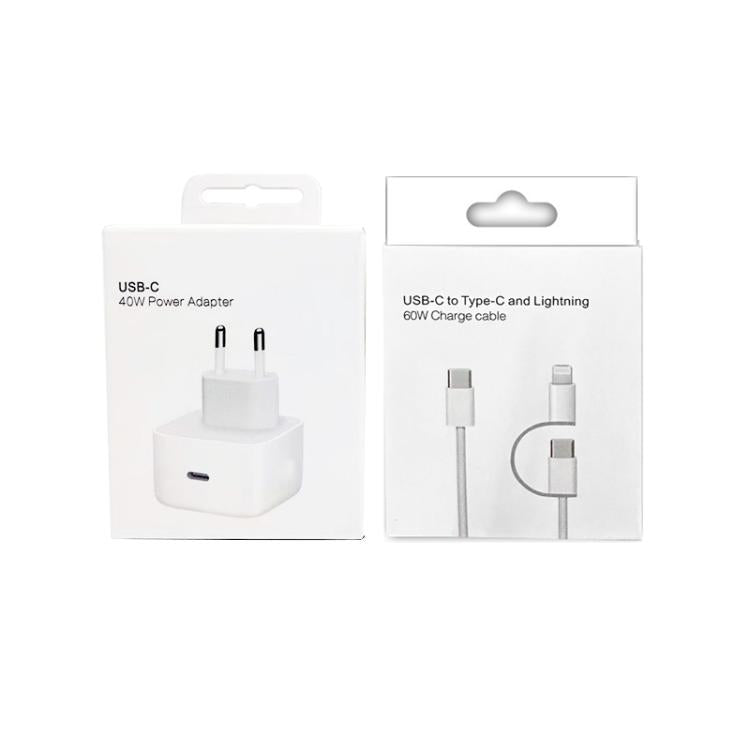 Caricabatterie A3365 PD40W USB-C / Type-C con cavo dati da Type-C a Type-C / 8 pin, spina europea., EU Plug + 1m 2-in-1 Cable