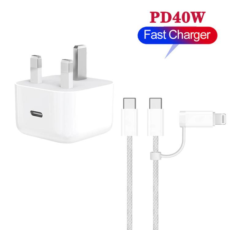 Caricabatterie A3365 PD40W USB-C / Type-C con cavo dati da Type-C a Type-C / 8 pin, spina UK, UK Plug + 1m 2-in-1 Cable