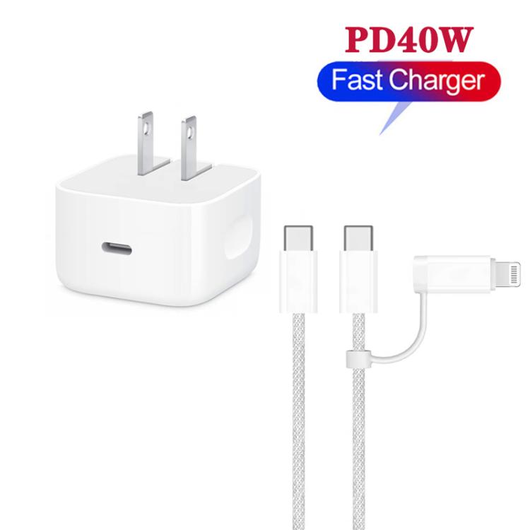 Caricabatterie A3365 PD40W USB-C / Type-C con cavo dati da Type-C a Type-C / 8 pin, spina USA, US Plug + 1m 2-in-1 Cable