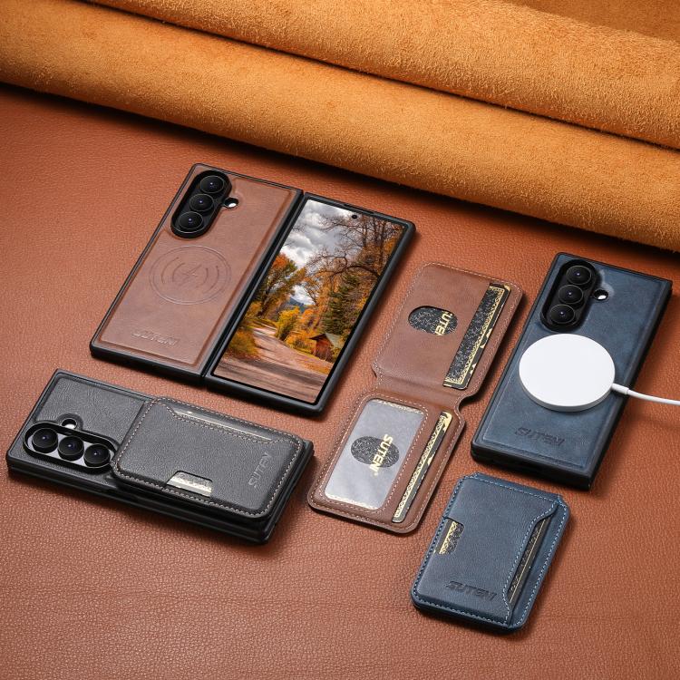 Custodia per telefono Suteni M3 con porta carte, MagSafe e texture in pelle bovina., For Galaxy Z Fold8 Ultra 5G, For Galaxy Z Fold7 5G, For Galaxy Z Fold6 5G