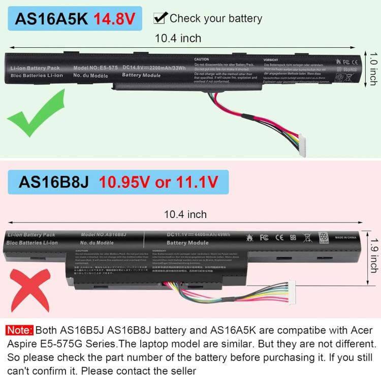 Batteria di ricambio da 2200 mAh per laptop Acer Aspire E5-575G 475G 523G 553G, AS16A5K
