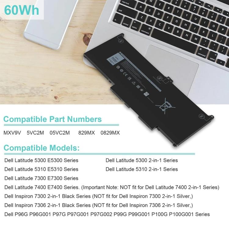Batteria da 7600 mAh per laptop Dell Latitude 5300 5310 7300 7400, MXV9V