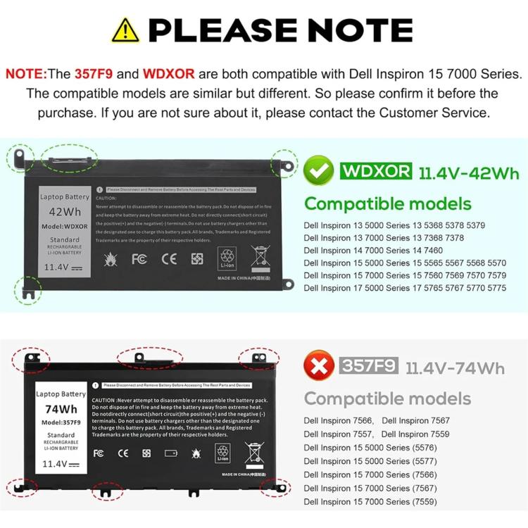 Batteria di ricambio da 3600 mAh per laptop Dell Inspiron 14 7460 15 7560, WDX0R