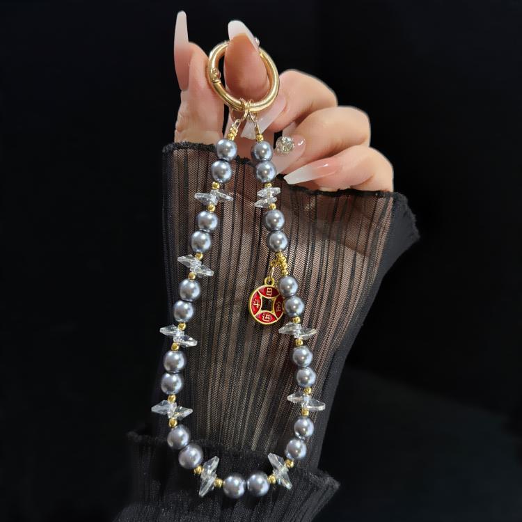 Elegante portachiavi per cellulare con targhetta in lega e perline.