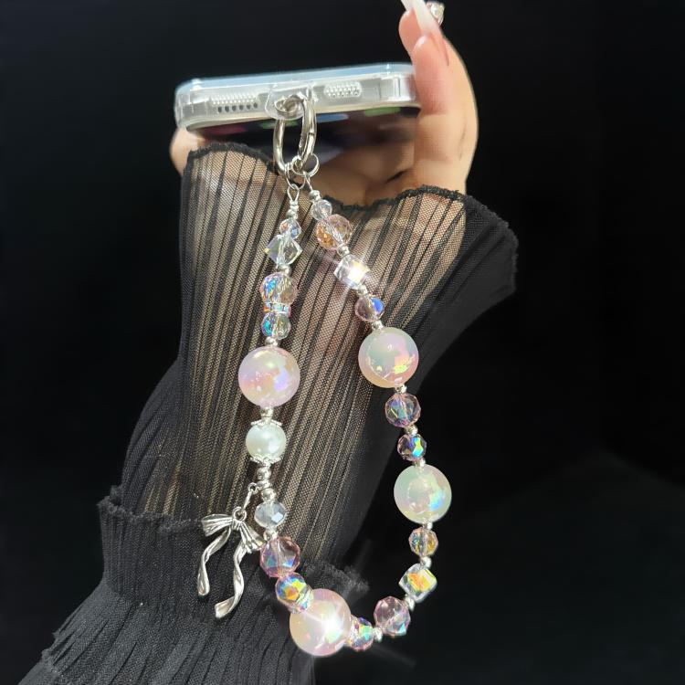 Elegante catena con fiocco in lega, lamina d'oro e perle di cristallo.