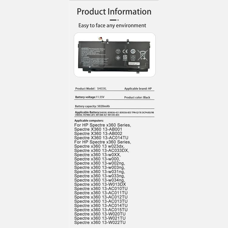 Batteria di ricambio da 5020 mAh per laptop HP Spectre x360 TPN-Q178, SH03XL