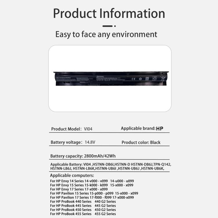 Batteria di ricambio da 2200 mAh per laptop HP ProBook 440 445 455 G2, Vi04