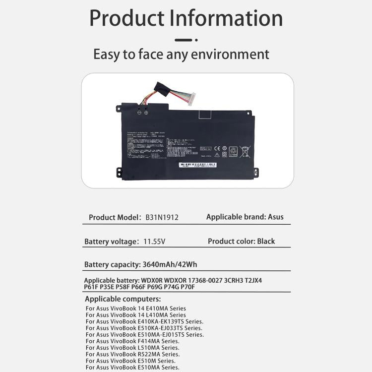 Batteria di ricambio da 3600 mAh per laptop ASUS E410M E410MA E510M, B31N1912