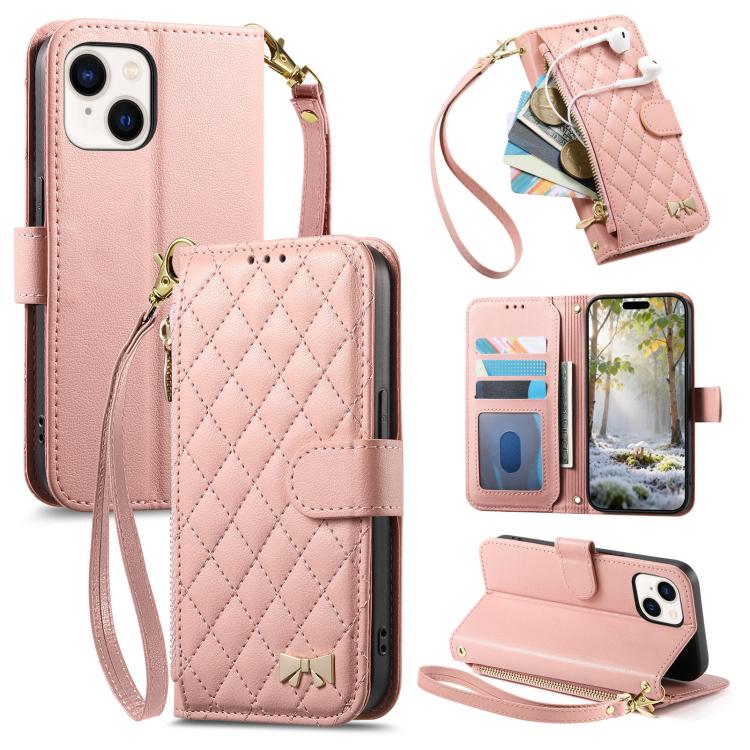 Portafoglio con cerniera a trama romboidale, fibbia in metallo, custodia per telefono in ecopelle con cinturino, For iPhone 15 Pro Max, For iPhone 15 Pro, For iPhone 15 Plus, For iPhone 15
