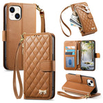 Portafoglio con cerniera a trama romboidale, fibbia in metallo, custodia per telefono in ecopelle con cinturino, For iPhone 15 Pro Max, For iPhone 15 Pro, For iPhone 15 Plus, For iPhone 15