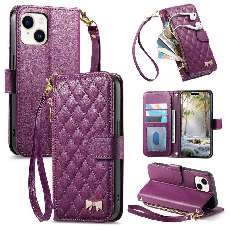 Portafoglio con cerniera a trama romboidale, fibbia in metallo, custodia per telefono in ecopelle con cinturino, For iPhone 15 Pro Max, For iPhone 15 Pro, For iPhone 15 Plus, For iPhone 15