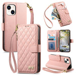 Portafoglio con cerniera a trama romboidale, fibbia in metallo, custodia per telefono in ecopelle con cinturino, For iPhone 15 Pro Max, For iPhone 15 Pro, For iPhone 15 Plus, For iPhone 15
