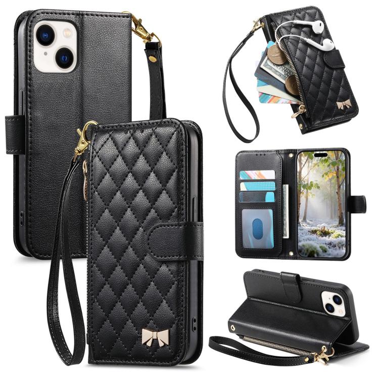 Portafoglio con cerniera a trama romboidale, fibbia in metallo, custodia per telefono in ecopelle con cinturino, For iPhone 15 Pro Max, For iPhone 15 Pro, For iPhone 15 Plus, For iPhone 15