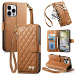 Portafoglio con cerniera a trama romboidale, fibbia in metallo, custodia per telefono in ecopelle con cinturino, For iPhone 15 Pro Max, For iPhone 15 Pro, For iPhone 15 Plus, For iPhone 15