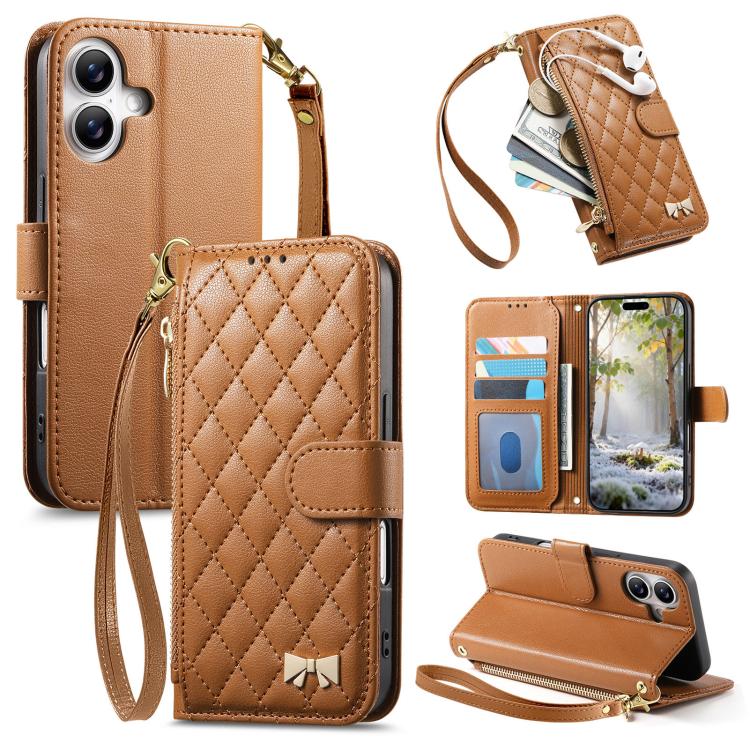 Portafoglio con cerniera a trama romboidale, fibbia in metallo, custodia per telefono in ecopelle con cinturino, For  iPhone 16 Pro Max, For iPhone 16 Pro, For iPhone 16 Plus, For iPhone 16