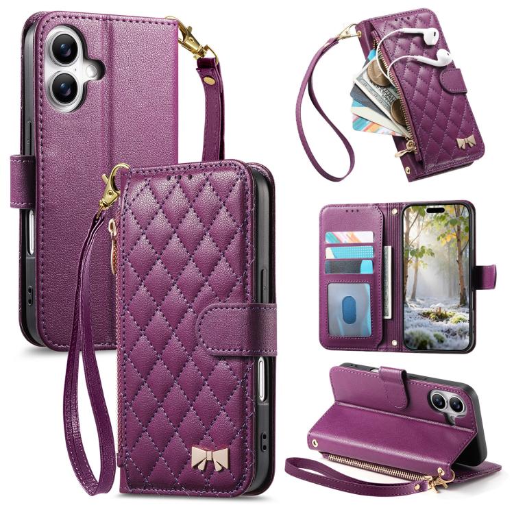 Portafoglio con cerniera a trama romboidale, fibbia in metallo, custodia per telefono in ecopelle con cinturino, For  iPhone 16 Pro Max, For iPhone 16 Pro, For iPhone 16 Plus, For iPhone 16
