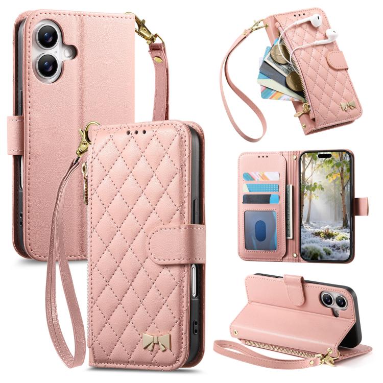 Portafoglio con cerniera a trama romboidale, fibbia in metallo, custodia per telefono in ecopelle con cinturino, For  iPhone 16 Pro Max, For iPhone 16 Pro, For iPhone 16 Plus, For iPhone 16