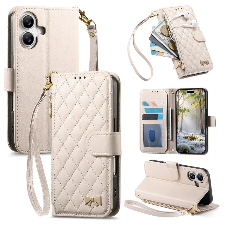 Portafoglio con cerniera a trama romboidale, fibbia in metallo, custodia per telefono in ecopelle con cinturino, For  iPhone 16 Pro Max, For iPhone 16 Pro, For iPhone 16 Plus, For iPhone 16