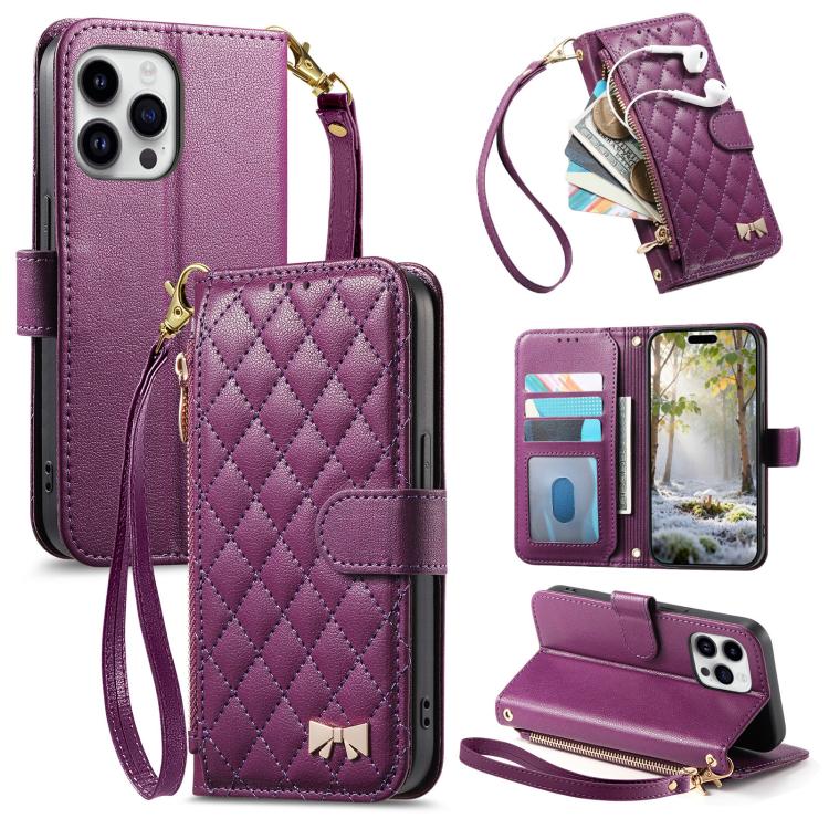 Portafoglio con cerniera a trama romboidale, fibbia in metallo, custodia per telefono in ecopelle con cinturino, For  iPhone 16 Pro Max, For iPhone 16 Pro, For iPhone 16 Plus, For iPhone 16