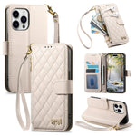 Portafoglio con cerniera a trama romboidale, fibbia in metallo, custodia per telefono in ecopelle con cinturino, For  iPhone 16 Pro Max, For iPhone 16 Pro, For iPhone 16 Plus, For iPhone 16