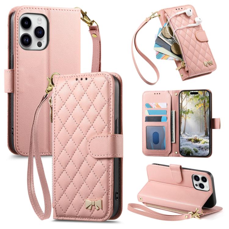 Portafoglio con cerniera a trama romboidale, fibbia in metallo, custodia per telefono in ecopelle con cinturino, For  iPhone 16 Pro Max, For iPhone 16 Pro, For iPhone 16 Plus, For iPhone 16