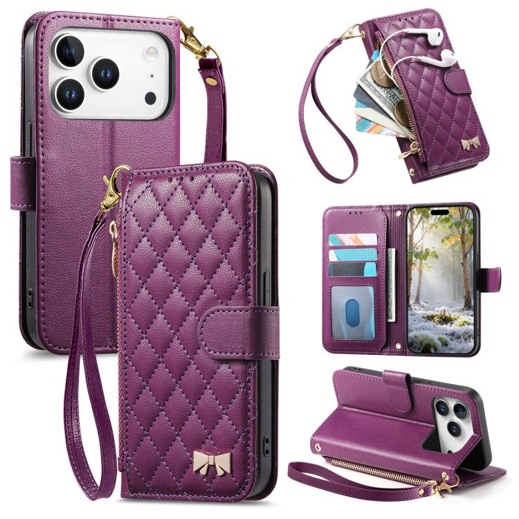 Portafoglio con cerniera a trama romboidale, fibbia in metallo, custodia per telefono in ecopelle con cinturino, For iPhone 17 Pro Max, For iPhone 17 Pro, For iPhone 17, For iPhone Air
