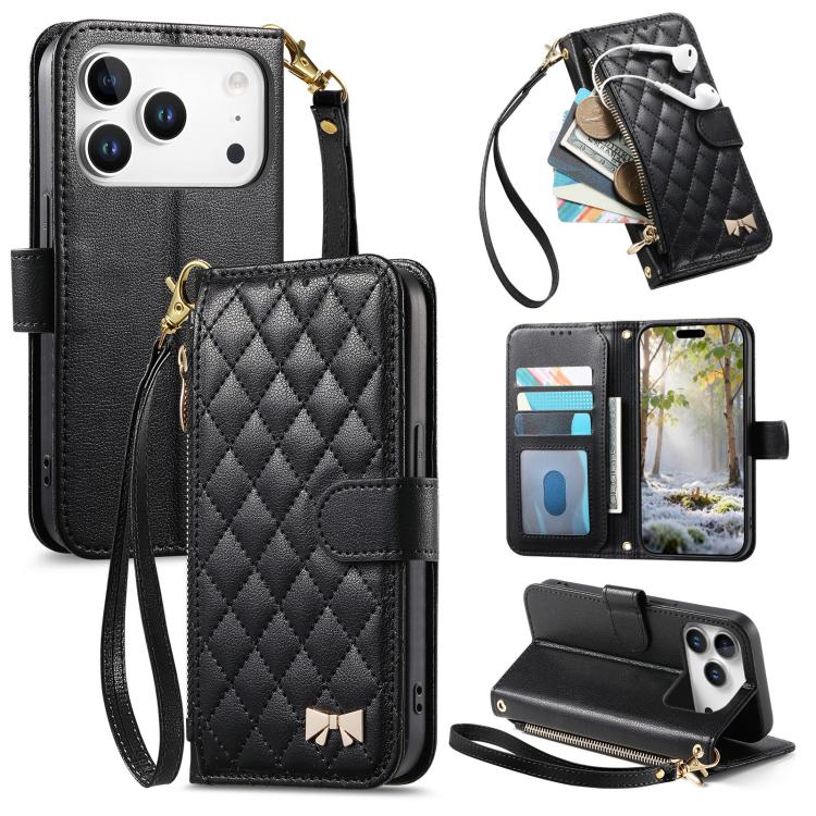 Portafoglio con cerniera a trama romboidale, fibbia in metallo, custodia per telefono in ecopelle con cinturino, For iPhone 17 Pro Max, For iPhone 17 Pro, For iPhone 17, For iPhone Air