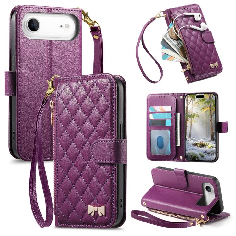 Portafoglio con cerniera a trama romboidale, fibbia in metallo, custodia per telefono in ecopelle con cinturino, For iPhone 17 Pro Max, For iPhone 17 Pro, For iPhone 17, For iPhone Air