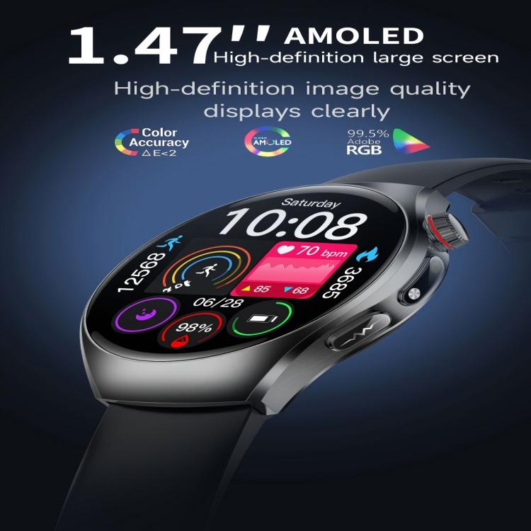 Smartwatch ET460 con schermo a colori da 1,47 pollici, chiamate Bluetooth, cinturino in pelle vegana e supporto per il monitoraggio della salute/ECG.