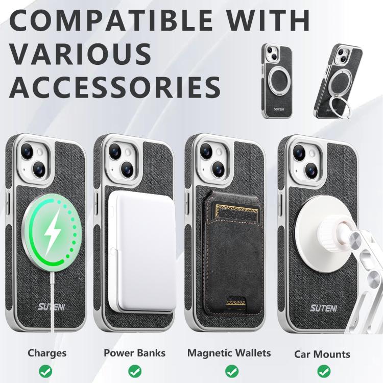 Custodia magnetica per telefono Suteni G6 con motivo denim galvanizzato e supporto girevole a 360°., For iPhone 15, For iPhone 14, For iPhone 14 Pro, For iPhone 14 Pro Max, For iPhone 13 Pro Max, For iPhone 13 Pro, For iPhone 13