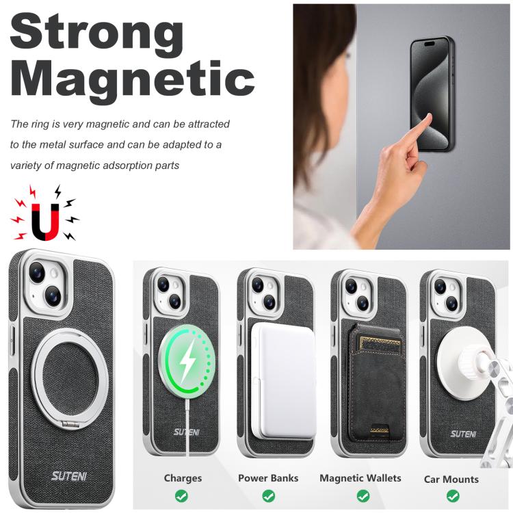 Custodia magnetica per telefono Suteni G6 con motivo denim galvanizzato e supporto girevole a 360°., For iPhone 15, For iPhone 14, For iPhone 14 Pro, For iPhone 14 Pro Max, For iPhone 13 Pro Max, For iPhone 13 Pro, For iPhone 13
