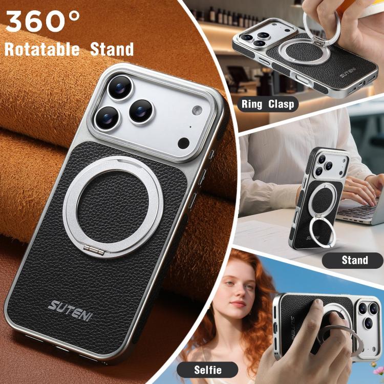 Custodia magnetica per telefono Suteni G6 con texture Litchi, galvanizzata, con supporto girevole a 360°., For iPhone 17 Pro Max, For iPhone 17 Pro, For iPhone 17, For iPhone 16 Pro Max, For iPhone 16 Pro, For iPhone 16, For iPhone 15 Pro Max          ...