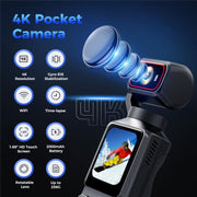 Videocamera d'azione 4K L19 con schermo touch da 1,69 pollici e connettività Wi-Fi, stabilizzazione dell'immagine e funzione VLOG, fotocamera tascabile., L19